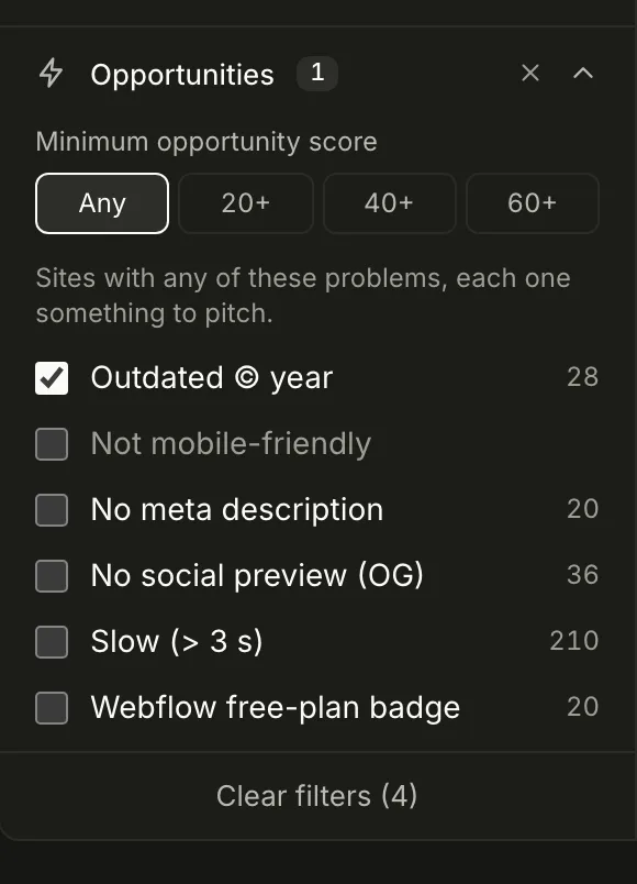 The Opportunities filter in Dozif with Outdated © year selected